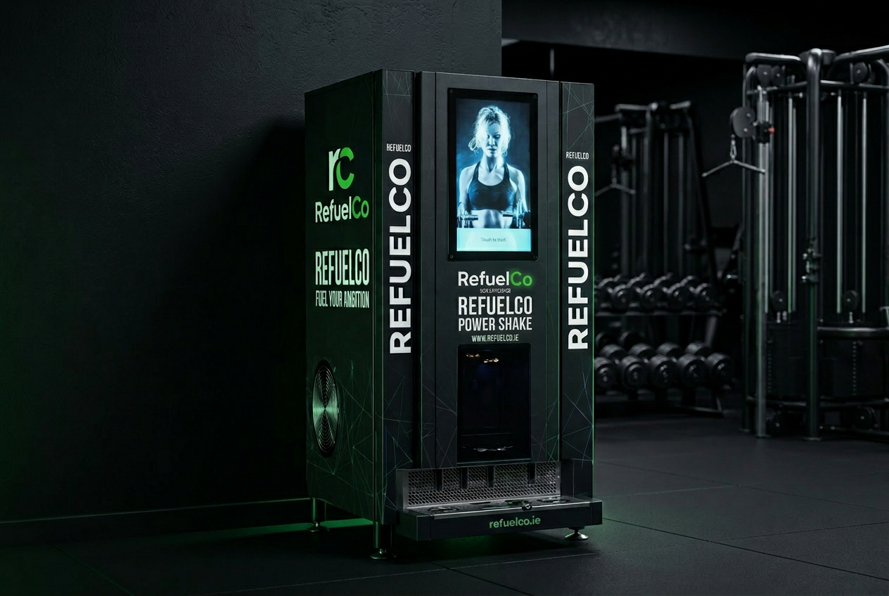 A fit woman grabbing an ice-cold protein drink from a sleek black RefuelCo vending machine in a premium gym